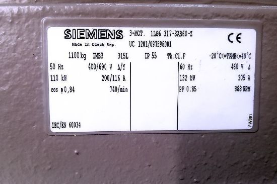 Picture of Siemens motor Type 1LG6 317-8AB60-Z, 110KW, 8Pole			