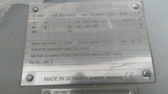 Picture of Siemens motor 1LA8405-4PS80-Z, 4Pole,500KW 